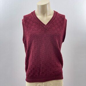 Vintage 90s Maroon Sleeveless V-Neck Sweater Vest Pullover Checkered Textured M